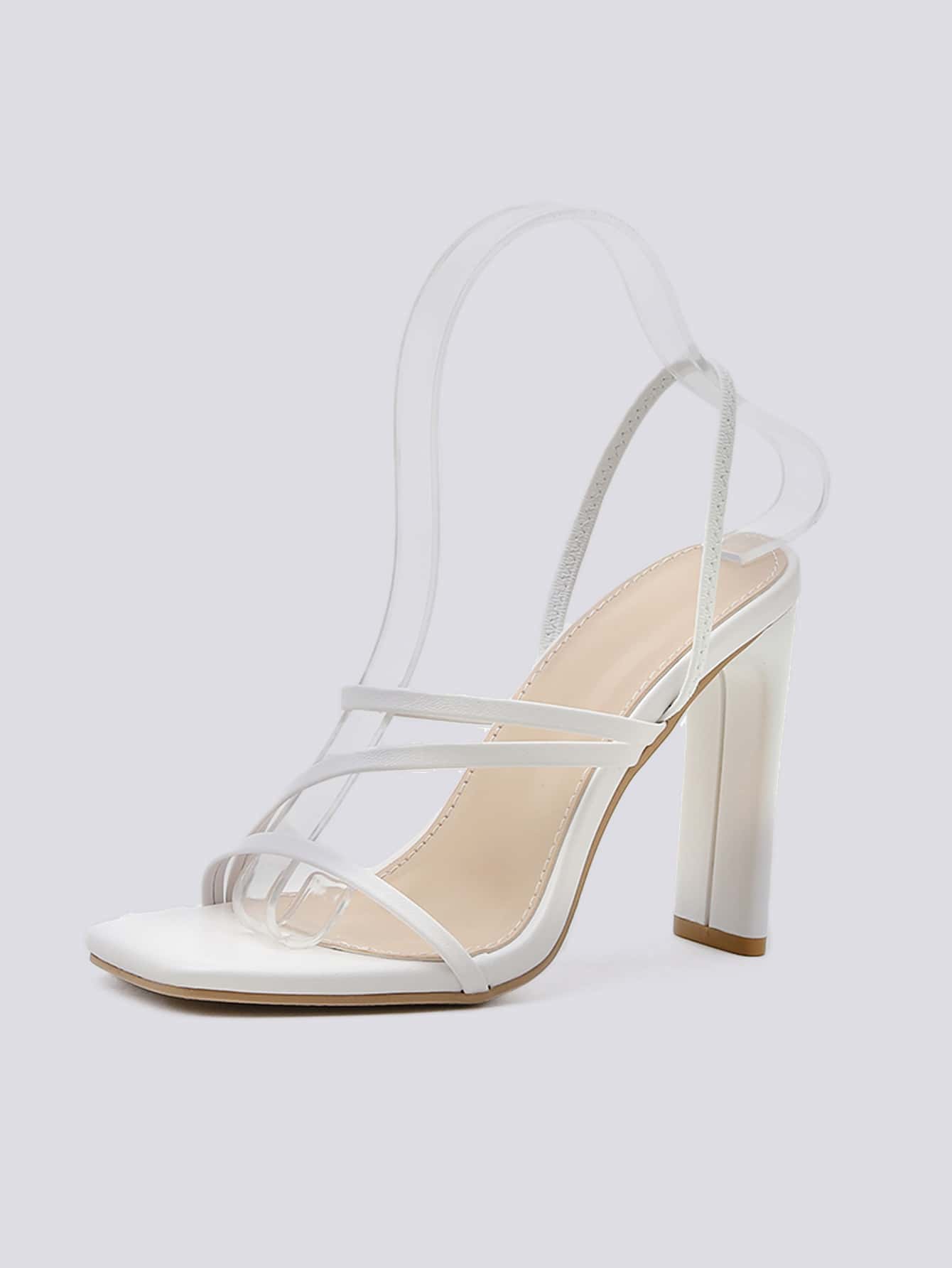 Women Thin Strap Chunky Heeled Slingback Sandals, Elegant Summer Heeled Sandals - White - View 5