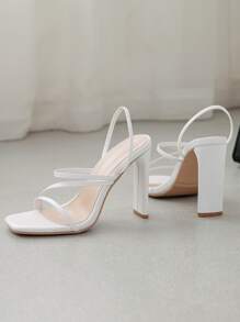 Women Thin Strap Chunky Heeled Slingback Sandals, Elegant Summer Heeled Sandals - White - View 6