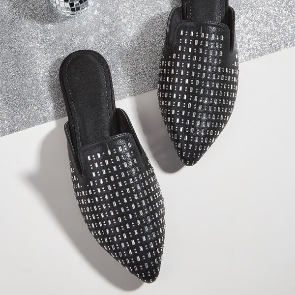

Rhinestone Decor Point Toe Flat Mules, Black