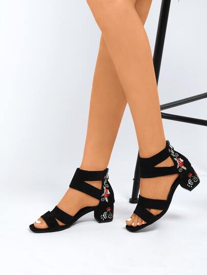 Women Embroidery Decor Chunky Heeled Ankle Strap Sandals, Fashion Summer Faux Suede Heeled Sandals,Block Heels