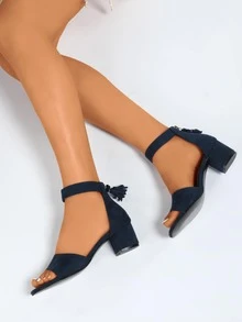 Tassel Decor Chunky Heeled Sandals - Navy Blue - View 3