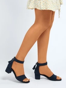 Tassel Decor Chunky Heeled Sandals - Navy Blue - View 4