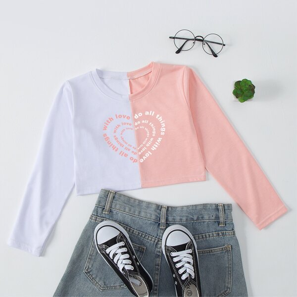 

Girls Two Tone Slogan Print Crop Tee, Multicolor