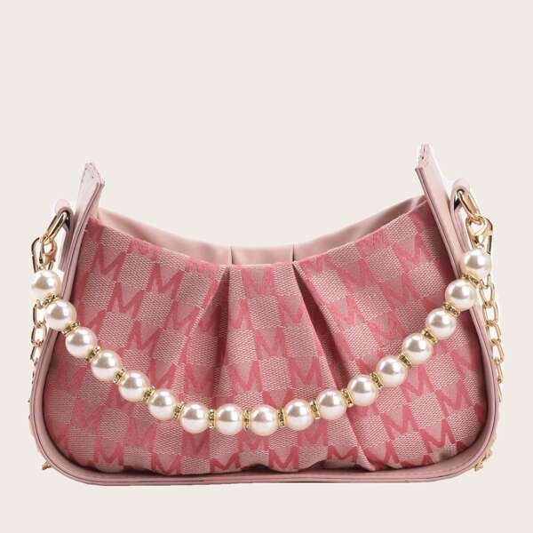 

Faux Pearl Beaded Letter Graphic Chain Bag, Pink