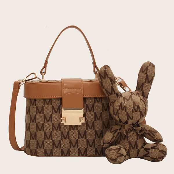 

Cartoon Charm Letter Graphic Satchel Bag, Brown