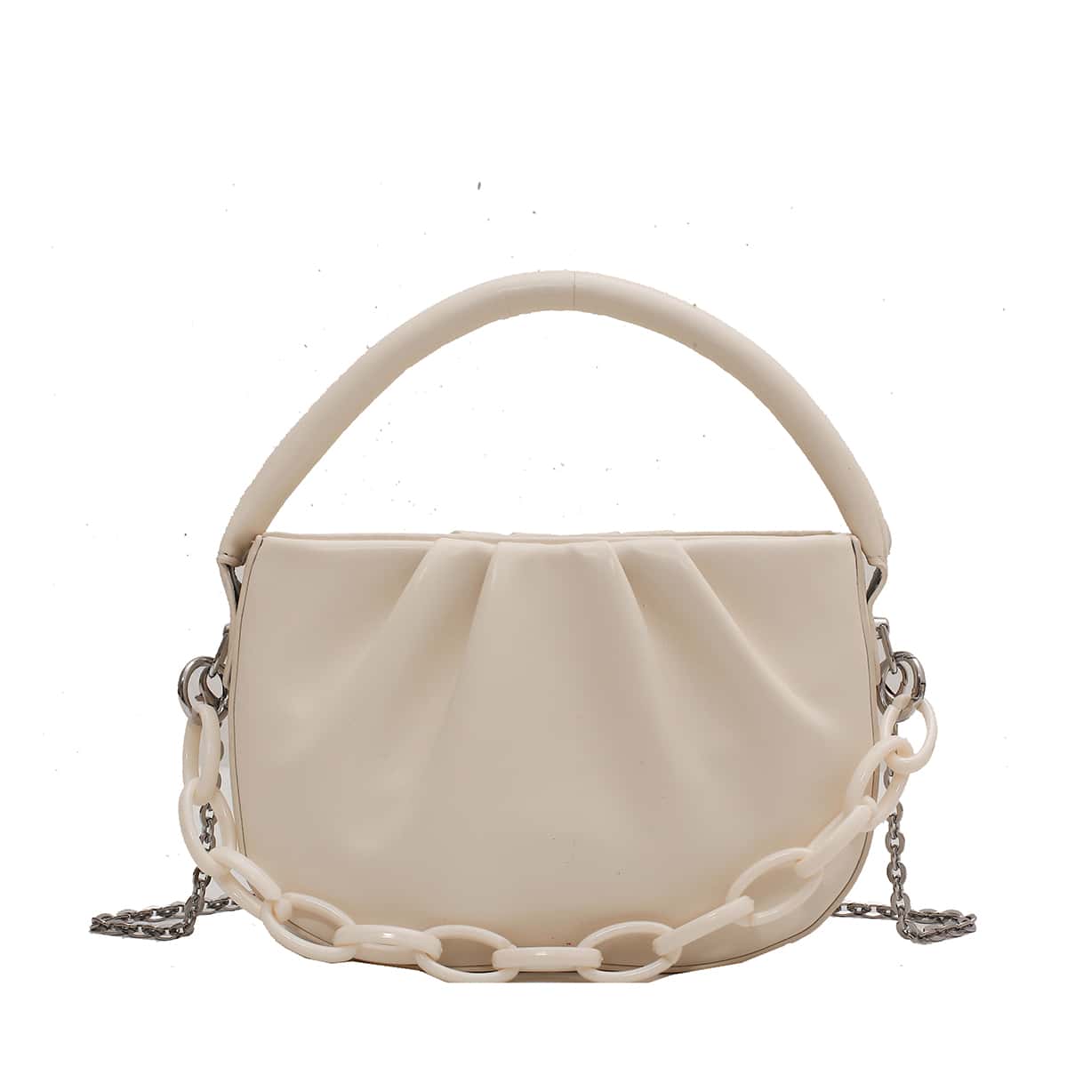 

Chain Decor Ruched Satchel Bag, White