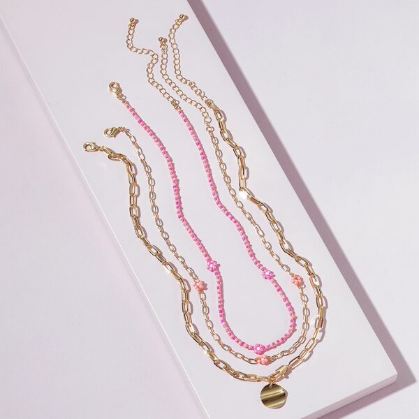 

3pcs Disc Charm Necklace, Pink
