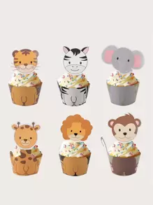 6pcs Paper Cake Wrapper & Topper, Cute Cartoon Animal Design Cake Wrapper & Top Decoration For Kids Party - Multicolor - View 1