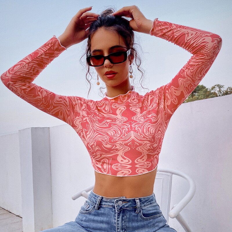 

Marble Print Mock Neck Crop Tee, Pink