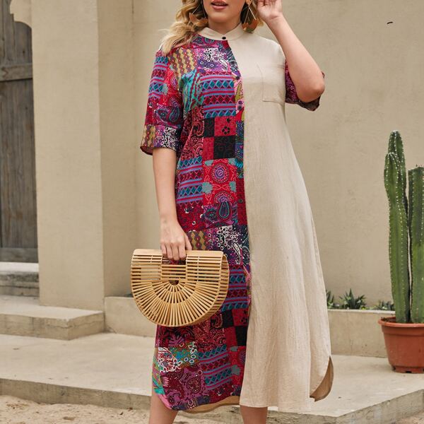 

Plus Patch Pocket Patchwork Print Dress, Multicolor