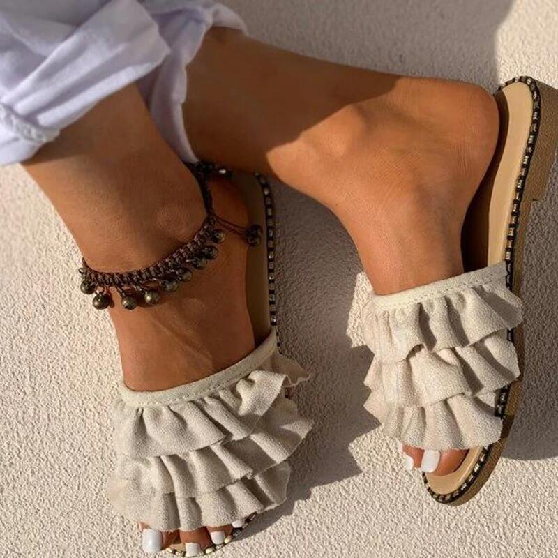

Tiered Layer Slide Sandals, Beige