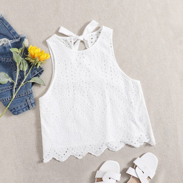 

Tie Back Scallop Hem Schiffy Tank Top, White