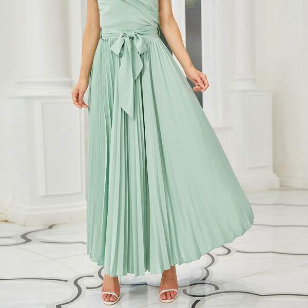

Solid Belted Pleated Skirt, Mint green