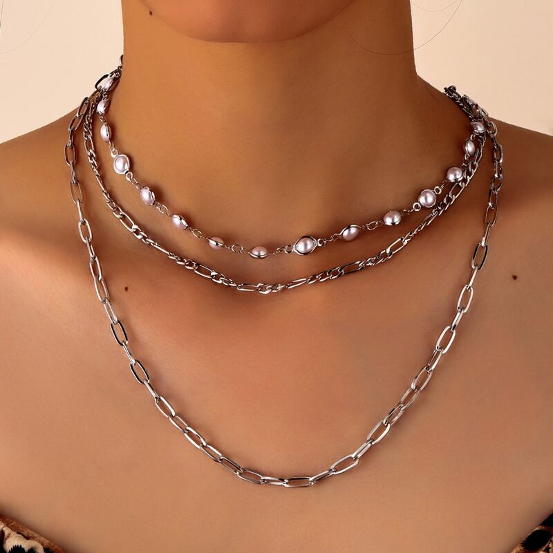 

Faux Pearl Decor Chain Layered Necklace, Silver
