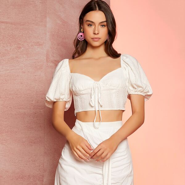 

Schiffy Tie Front Milkmaid Top, White