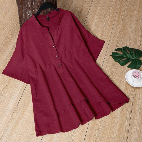 

Plus Solid Half Button Blouse, Burgundy