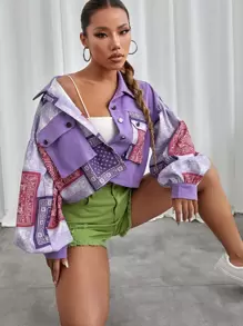 SHEIN EZwear Flap Pocket Paisley Print Crop Jacket - Violet Purple - View 1