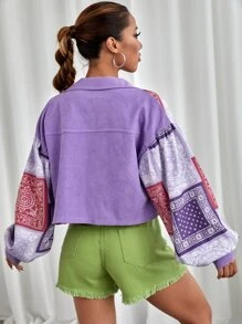 SHEIN EZwear Flap Pocket Paisley Print Crop Jacket - Violet Purple - View 2