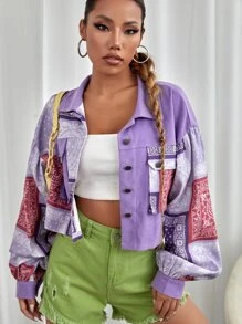 SHEIN EZwear Flap Pocket Paisley Print Crop Jacket - Violet Purple - View 4
