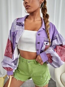 SHEIN EZwear Flap Pocket Paisley Print Crop Jacket - Violet Purple - View 5