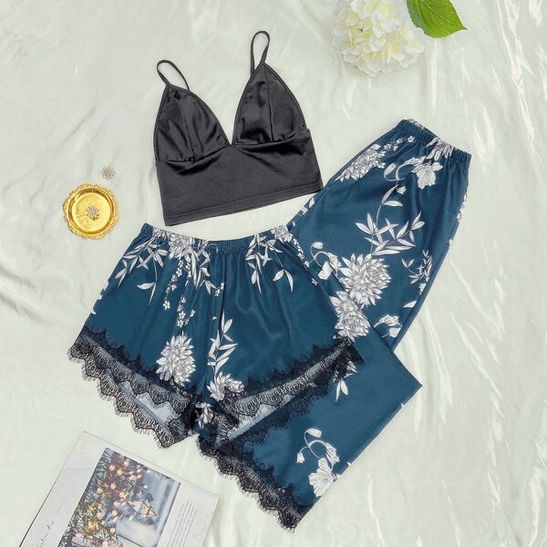 

3pcs Floral Print Lace Trim Satin Night Set, Multicolor