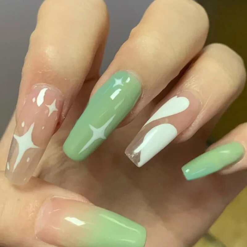 

24pcs Graphic Fake Nail, Green