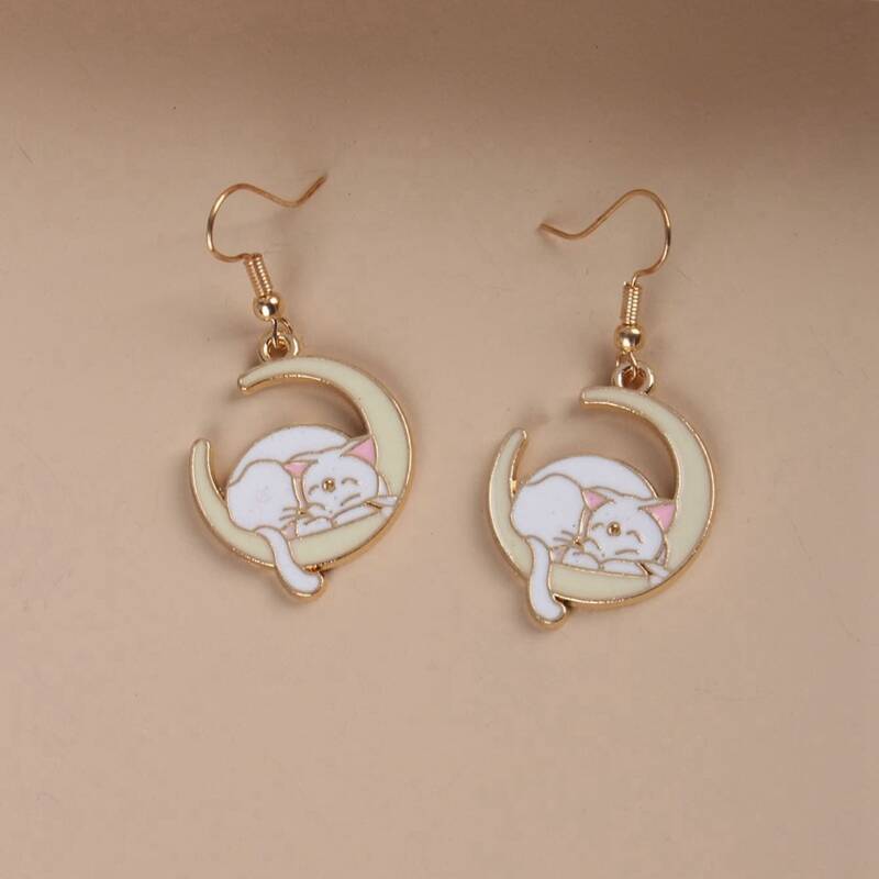 

Cat & Moon Drop Earrings, Gold