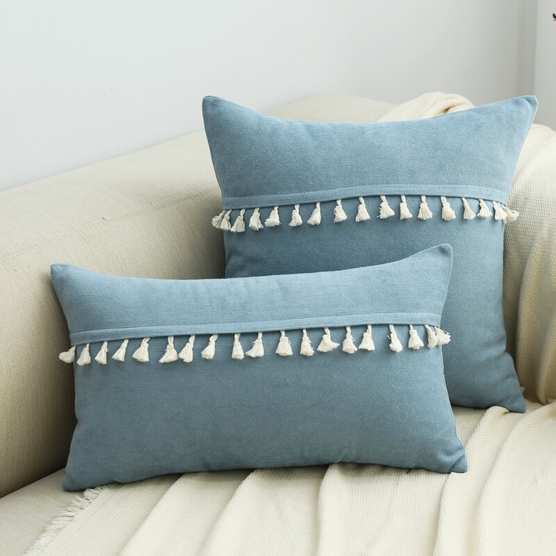 

1pc Tassel Decor Cushion Cover Without Filler, Blue