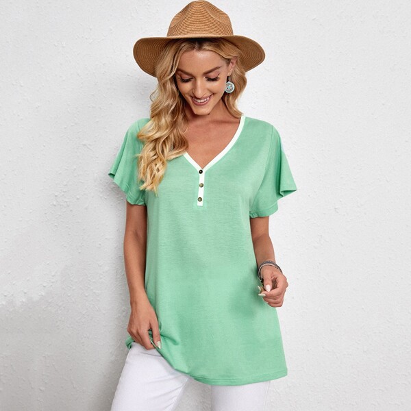

Contrast Binding Button Detail Tee, Green