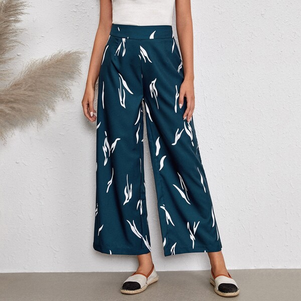 

Graphic Print Wide Leg Pants, Dark green