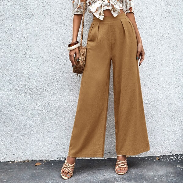 

Solid Zipper Back Wide Leg Pants, Brown