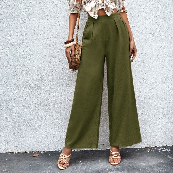 

Solid Zipper Back Wide Leg Pants, Dark green