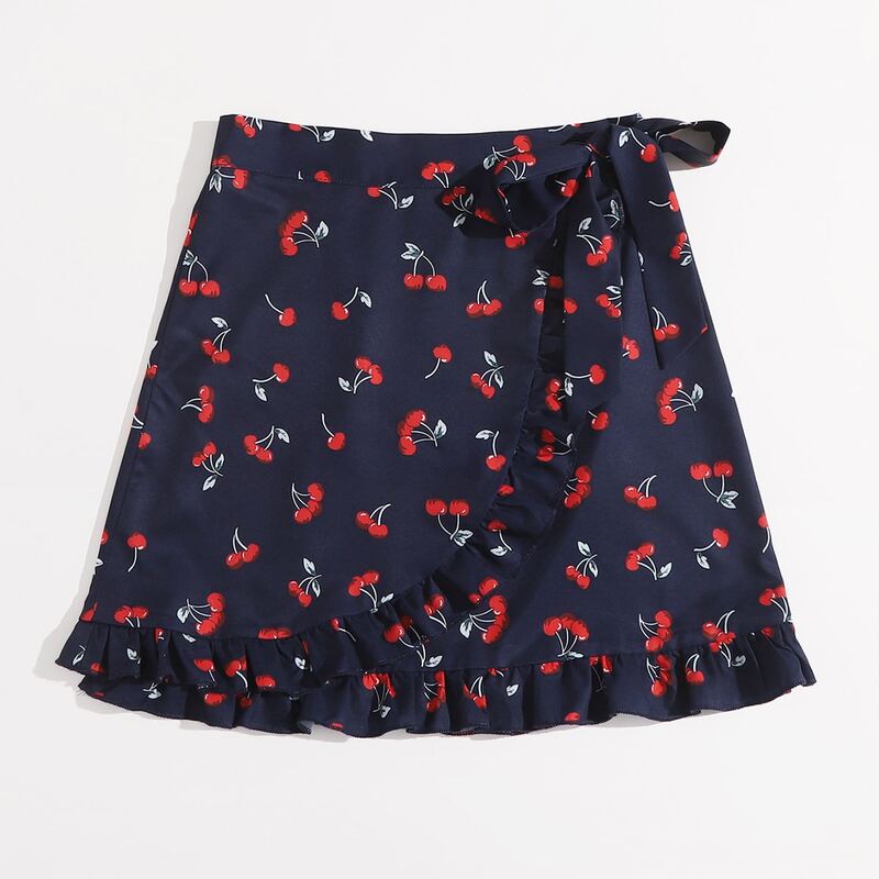 

Cherry Print Ruffle Skirt, Navy blue
