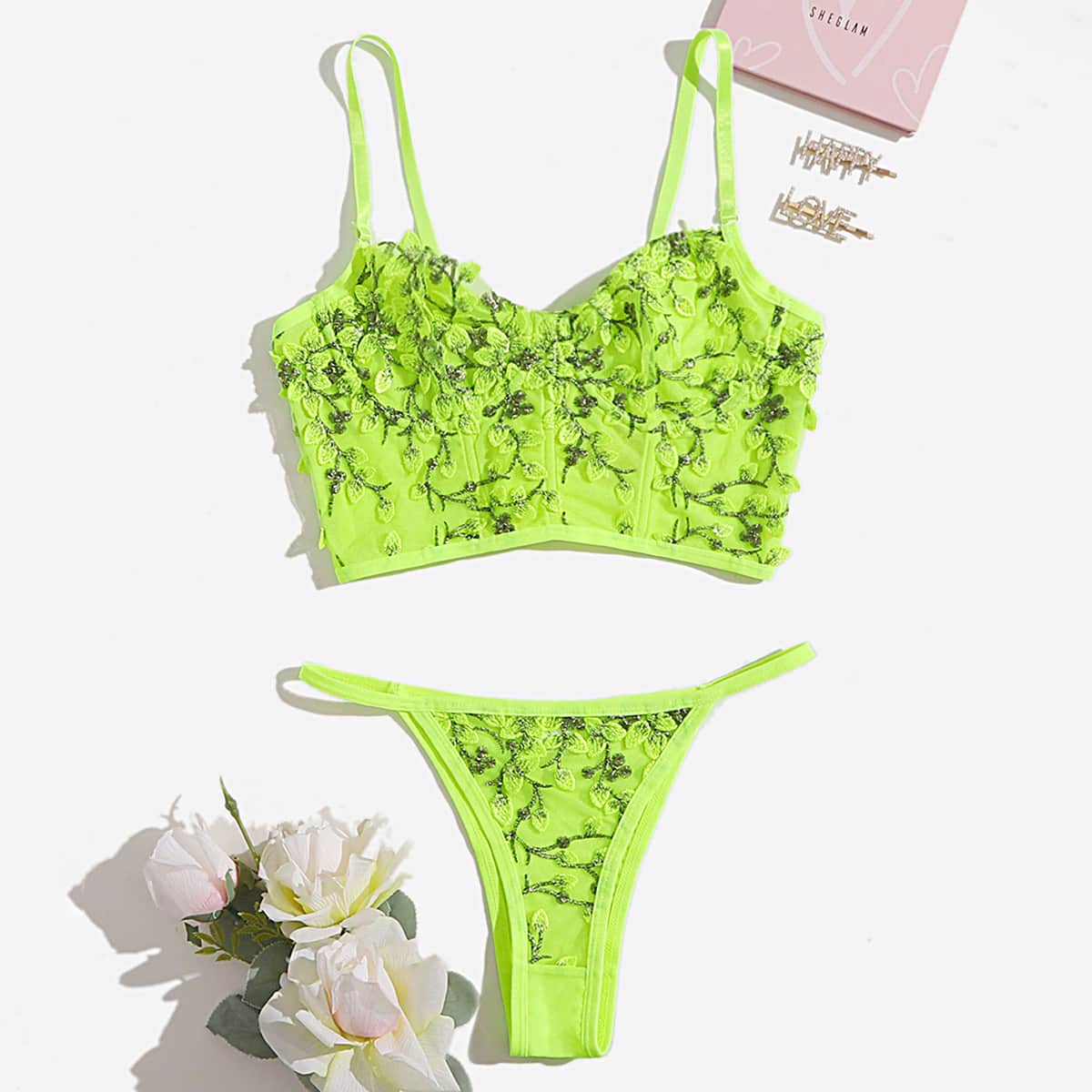 

Embroidered Mesh Underwire Lingerie Set, Lime green