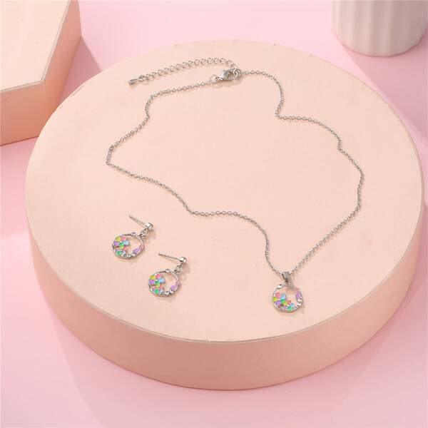 

3pcs Toddler Girls Flower Decor Round Charm Jewelry Set, Multicolor