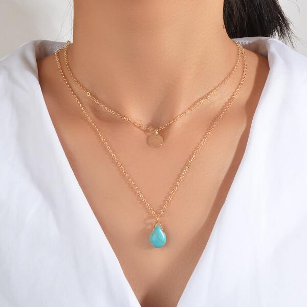 

Water-drop Charm Layered Necklace, Gold