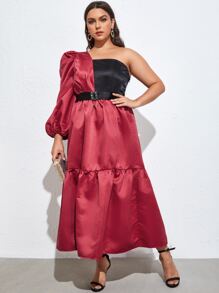 SHEIN Unity Plus One Shoulder Ruffle Hem Colourblock Satin Dress - Burgundy - View 1