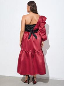 SHEIN Unity Plus One Shoulder Ruffle Hem Colourblock Satin Dress - Burgundy - View 2