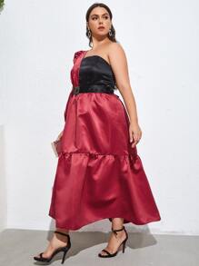 SHEIN Unity Plus One Shoulder Ruffle Hem Colourblock Satin Dress - Burgundy - View 3