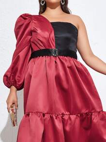 SHEIN Unity Plus One Shoulder Ruffle Hem Colourblock Satin Dress - Burgundy - View 4