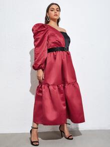 SHEIN Unity Plus One Shoulder Ruffle Hem Colourblock Satin Dress - Burgundy - View 5
