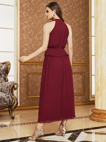 SHEIN Mock Neck Zip Back Chiffon Peplum Dress - Burgundy - View 2
