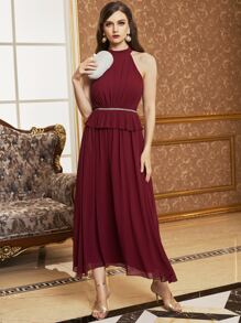 SHEIN Mock Neck Zip Back Chiffon Peplum Dress - Burgundy - View 3