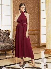 SHEIN Mock Neck Zip Back Chiffon Peplum Dress - Burgundy - View 4