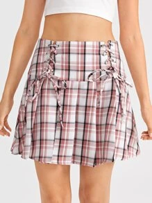 ROMWE Plaid Lace Up Pleated Skirt - Multicolor - View 1