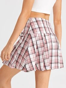 ROMWE Plaid Lace Up Pleated Skirt - Multicolor - View 2