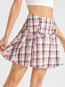 ROMWE Plaid Lace Up Pleated Skirt - Multicolor - View 3