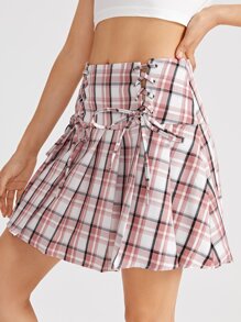 ROMWE Plaid Lace Up Pleated Skirt - Multicolor - View 4