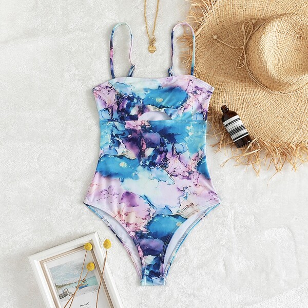 

Marble Print One Piece Swimsuit, Multicolor