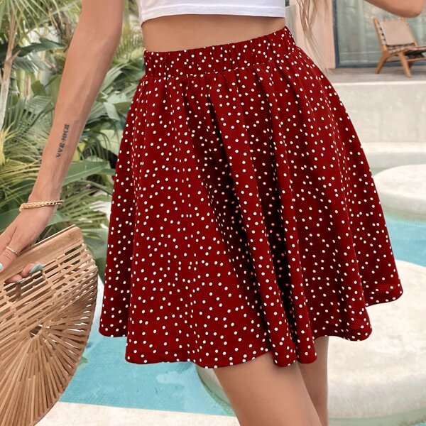 

Polka Dot Elastic Waist Skirt, Red